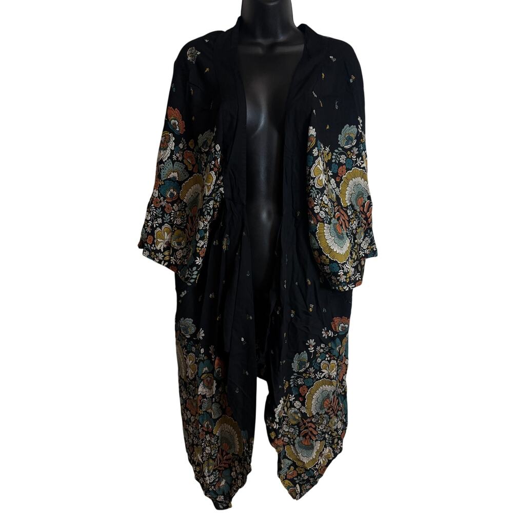 O'neill Women Kimono Cover Up One Size Black Floral Duster Boho Festival EUC